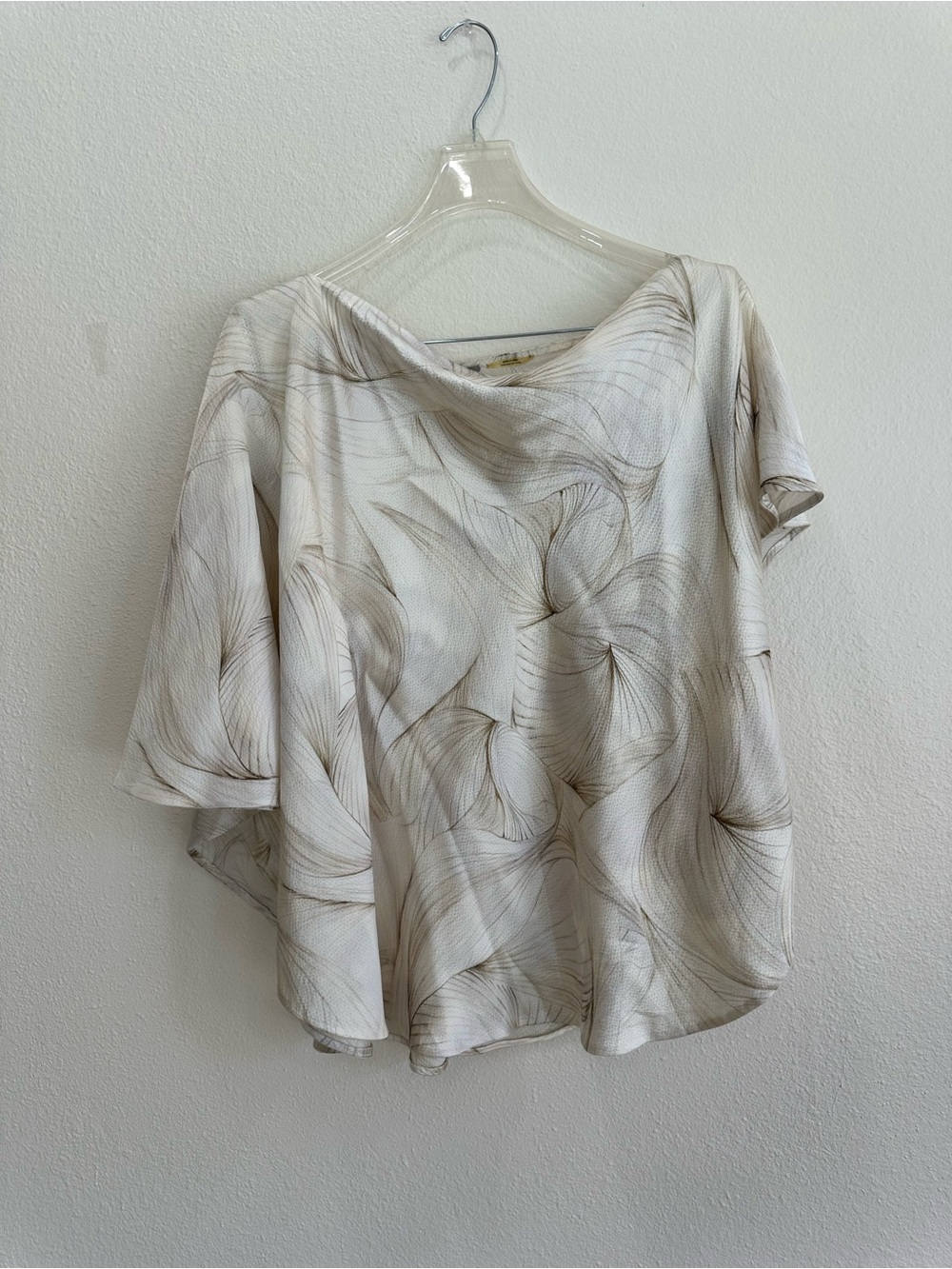 Ports 1961 Cream 100% Silk Printed Boatneck one Shoulder Drape Tunic Top Size 6